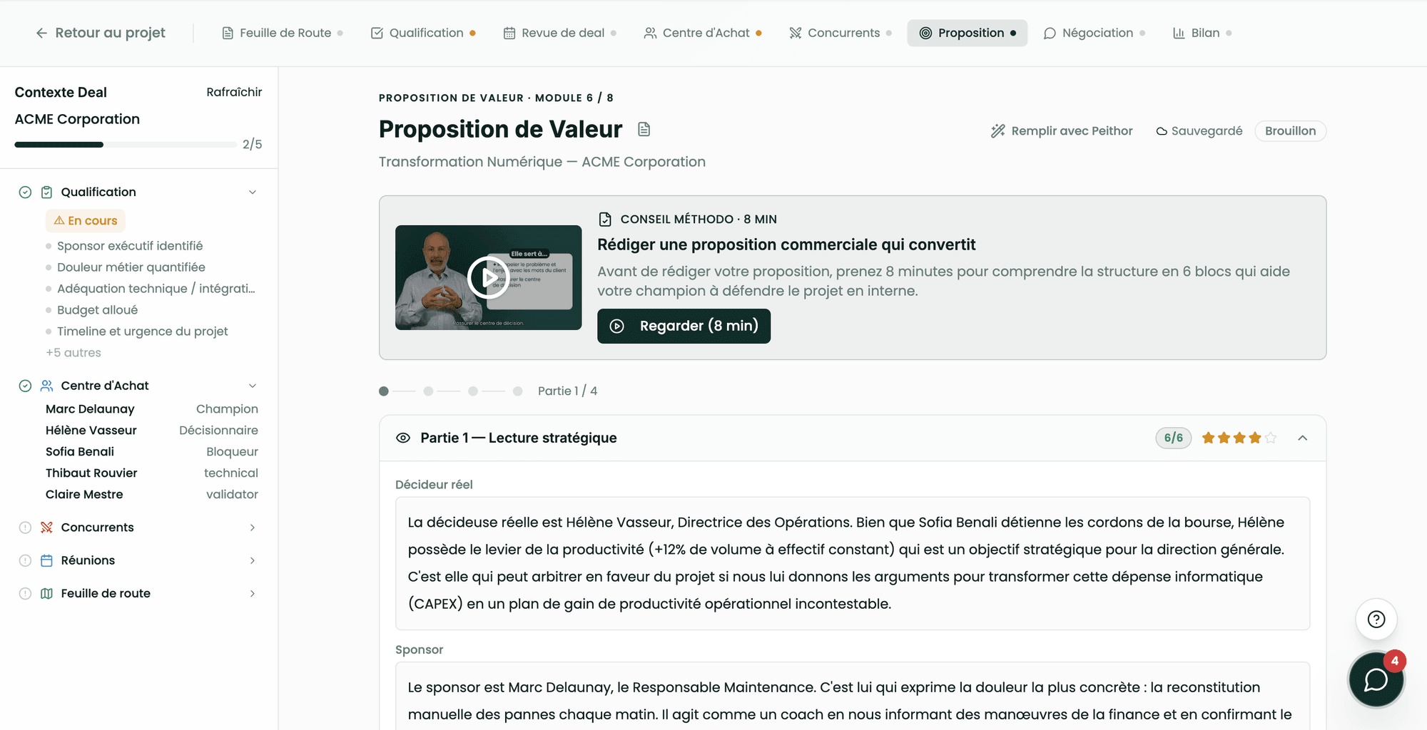 Peithor Insight : module Proposition de valeur, lecture stratégique de l'affaire