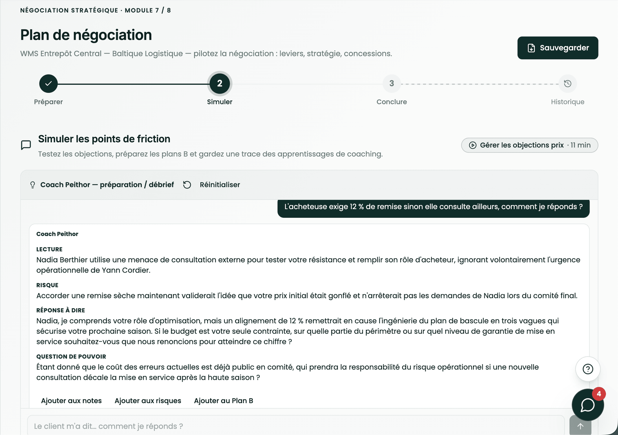 Peithor Pilot : Coach Négociation, simulation d'une objection prix et réponse préparée
