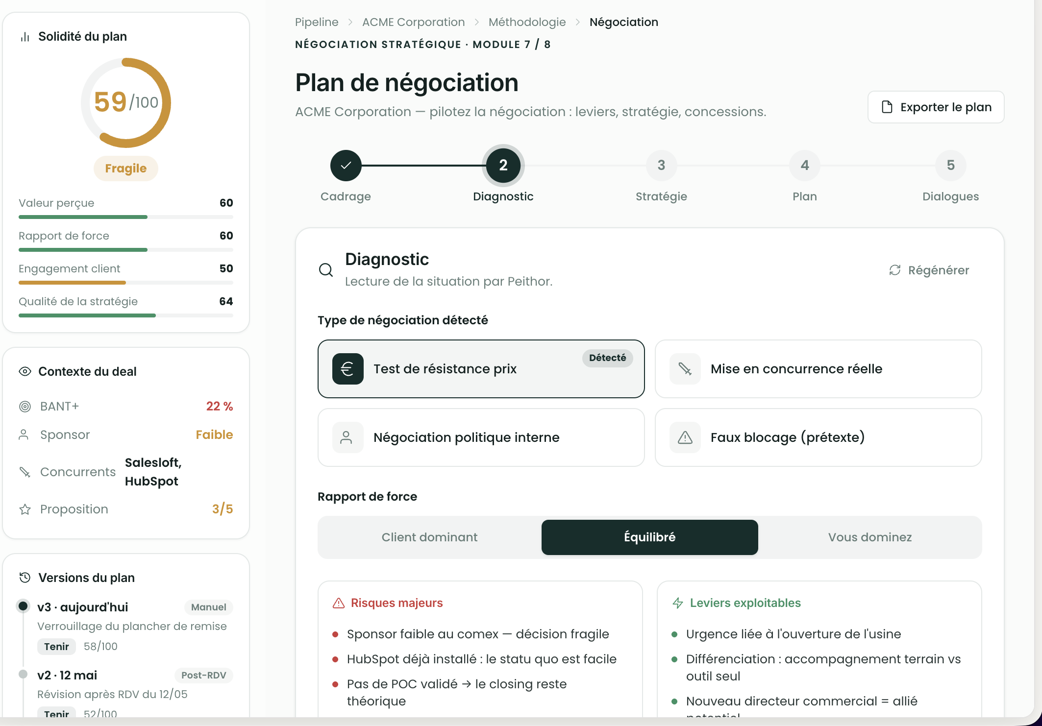 Peithor® : plan de négociation d'un deal réel (levers, rapport de force, risques)
